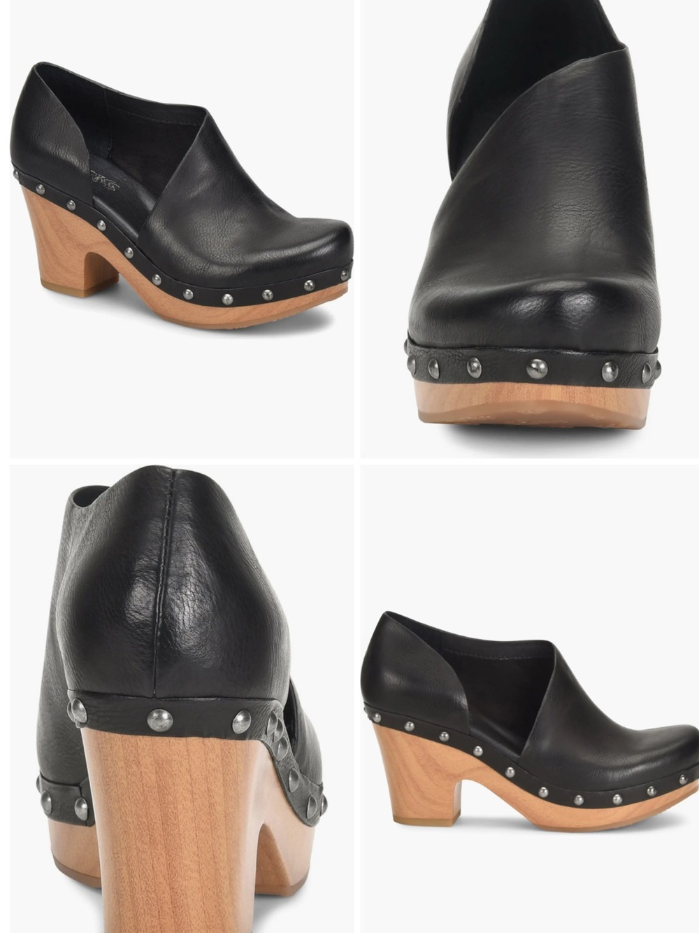 Kork-Ease Black Leather Studded Clogs with Wood Heel